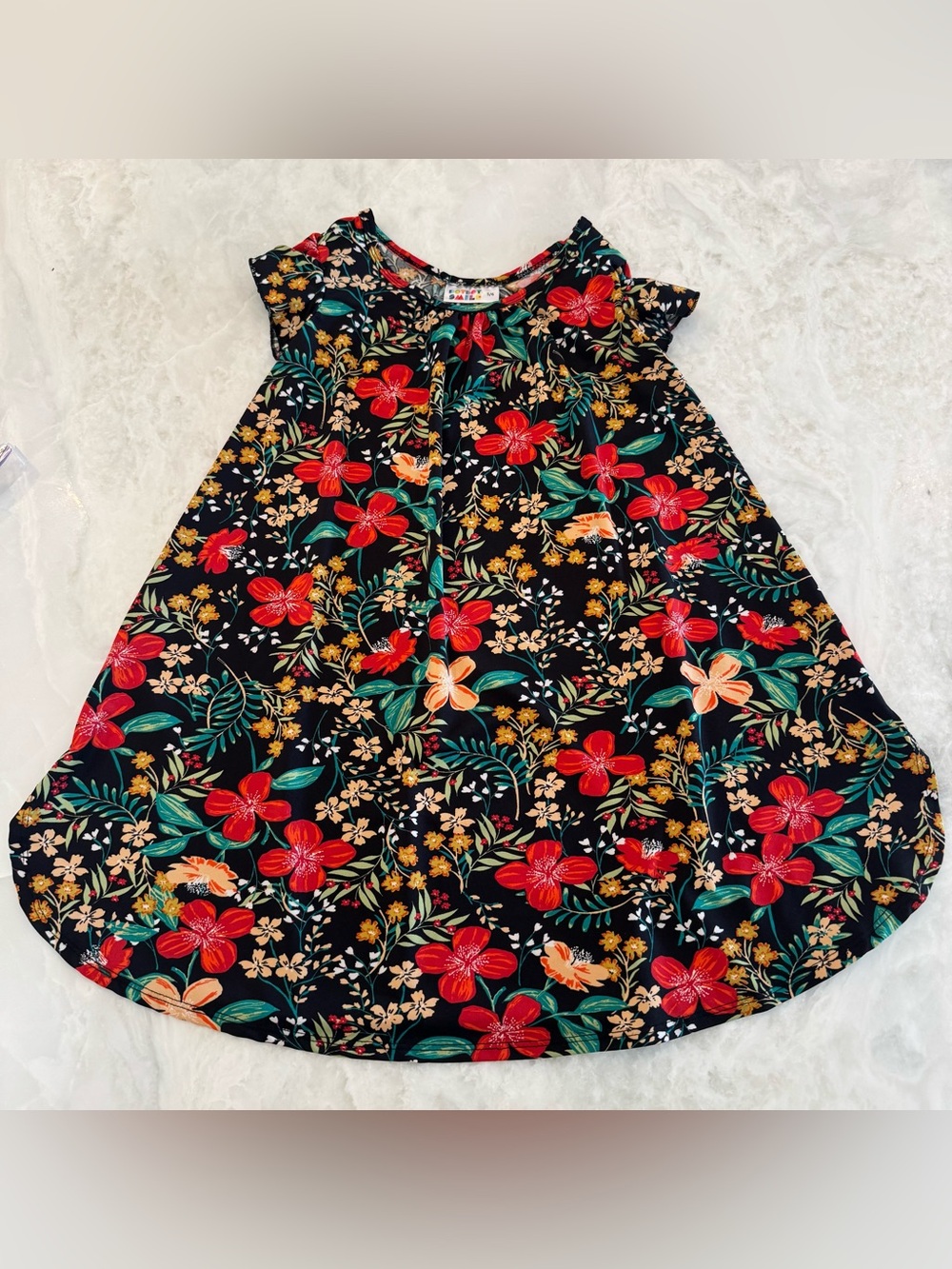 Dot Dot Smile Girls Floral Swing Dress Flutter Sleeve Black Red Size 5/6